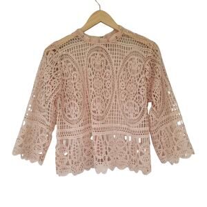 Mele E Pere Crochet Mesh Top Beige Women Size L Boho Sheer Festival Blouse